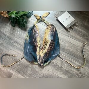 Musera Multicolored Abstract Print Drape Neck Sheer Backless Halter Top. Size M